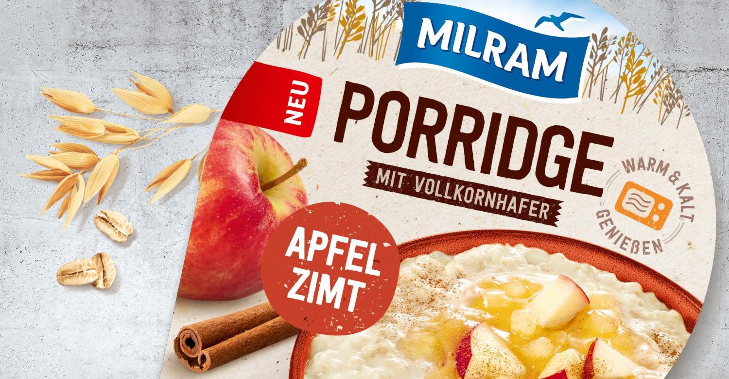 Milram DMK Porridge Snack Range Launch Branding-Strategie Grafikdesign Verpackungsdesign Line-Extension