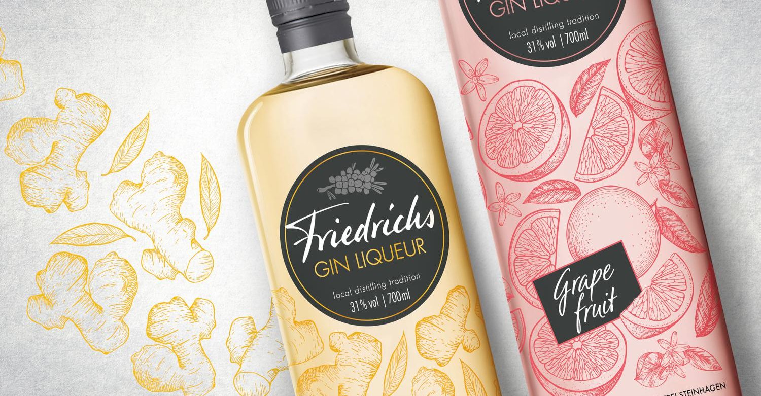 Friedrichs Gin, Liquer Spirits Launch Grafikdesign Branding-Strategie Verpackungsdesign Logodesign Line Extension POS Material
