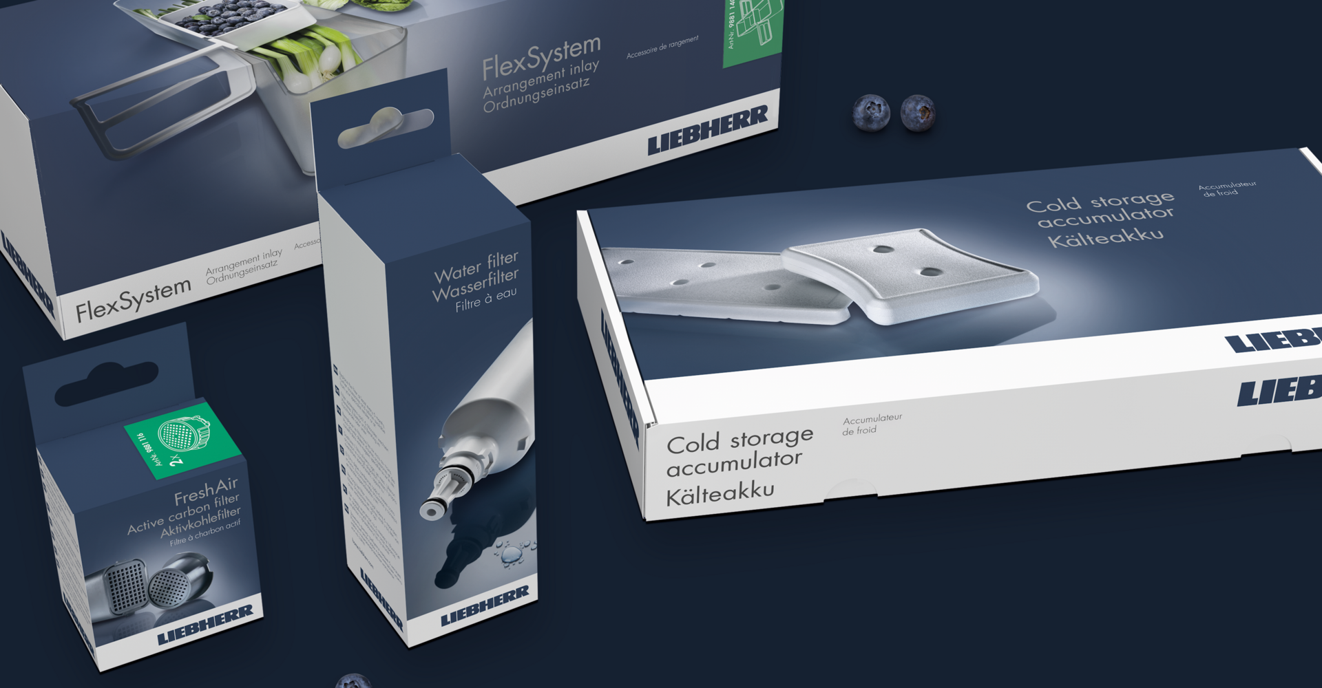 Liebherr International Packaging Zubehoer Launch Packungs-Konzept Nachhaltige Verpackung Grafikdesign Verpackungsdesign Line Extension Branding-Strategie