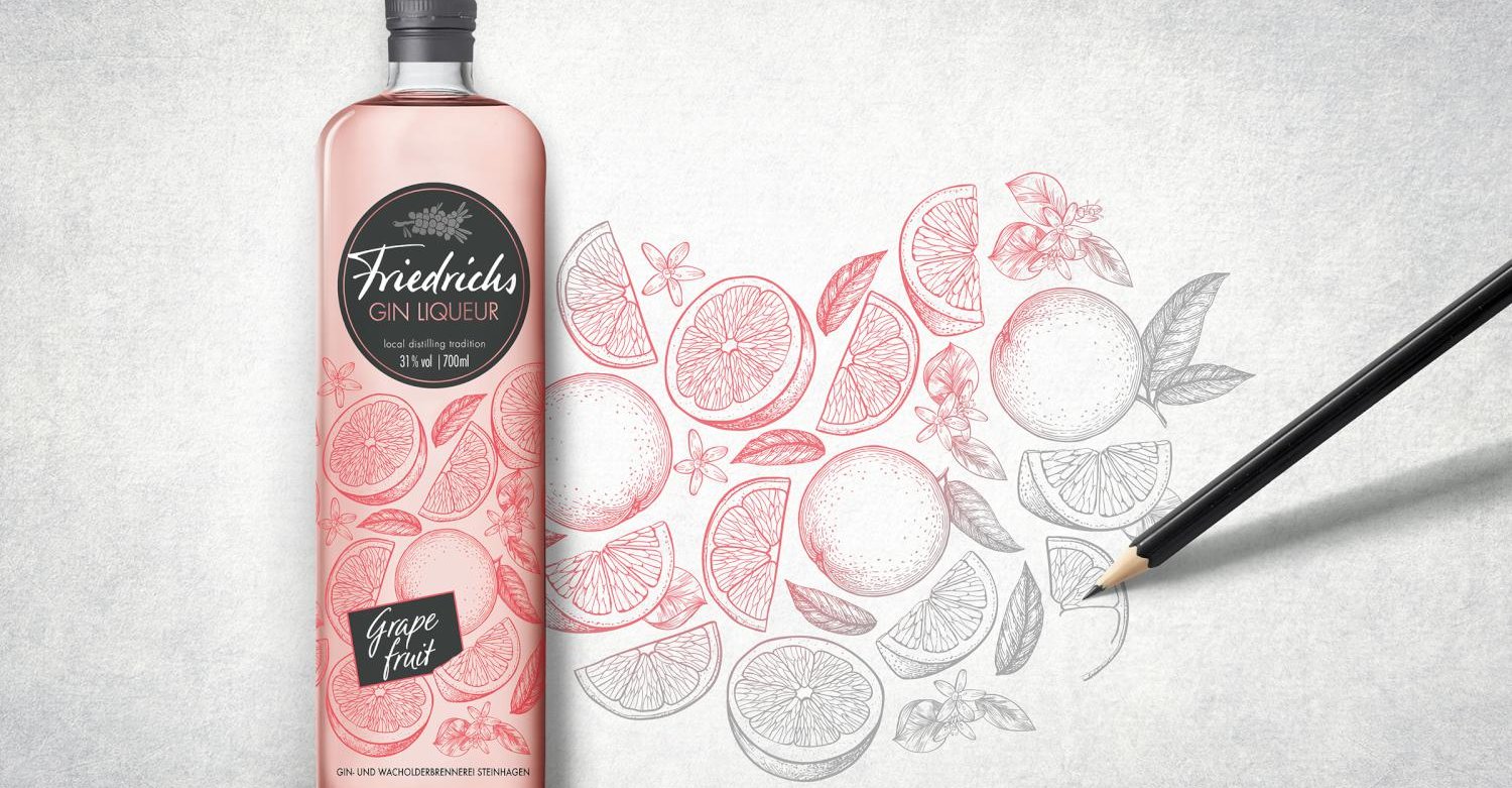 Friedrichs Gin, Liquer Spirits Launch Graphic Design Branding Strategy Packaging Design Logo Design Line Extension POS Material