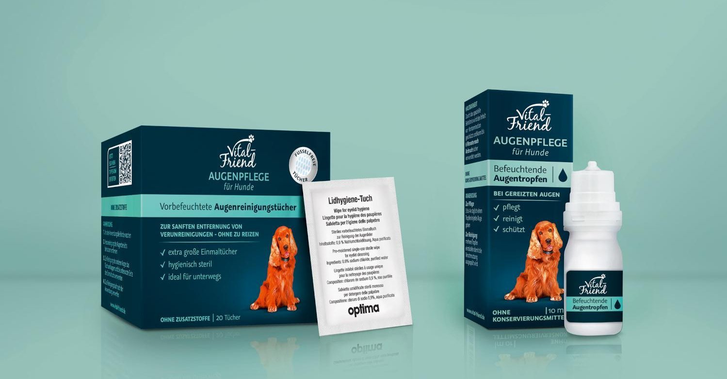 Optima Pharma Vital Friend Augenpflege Hunde Grafikdesign Logodesign Verpackungsdesign Branding-Strategie