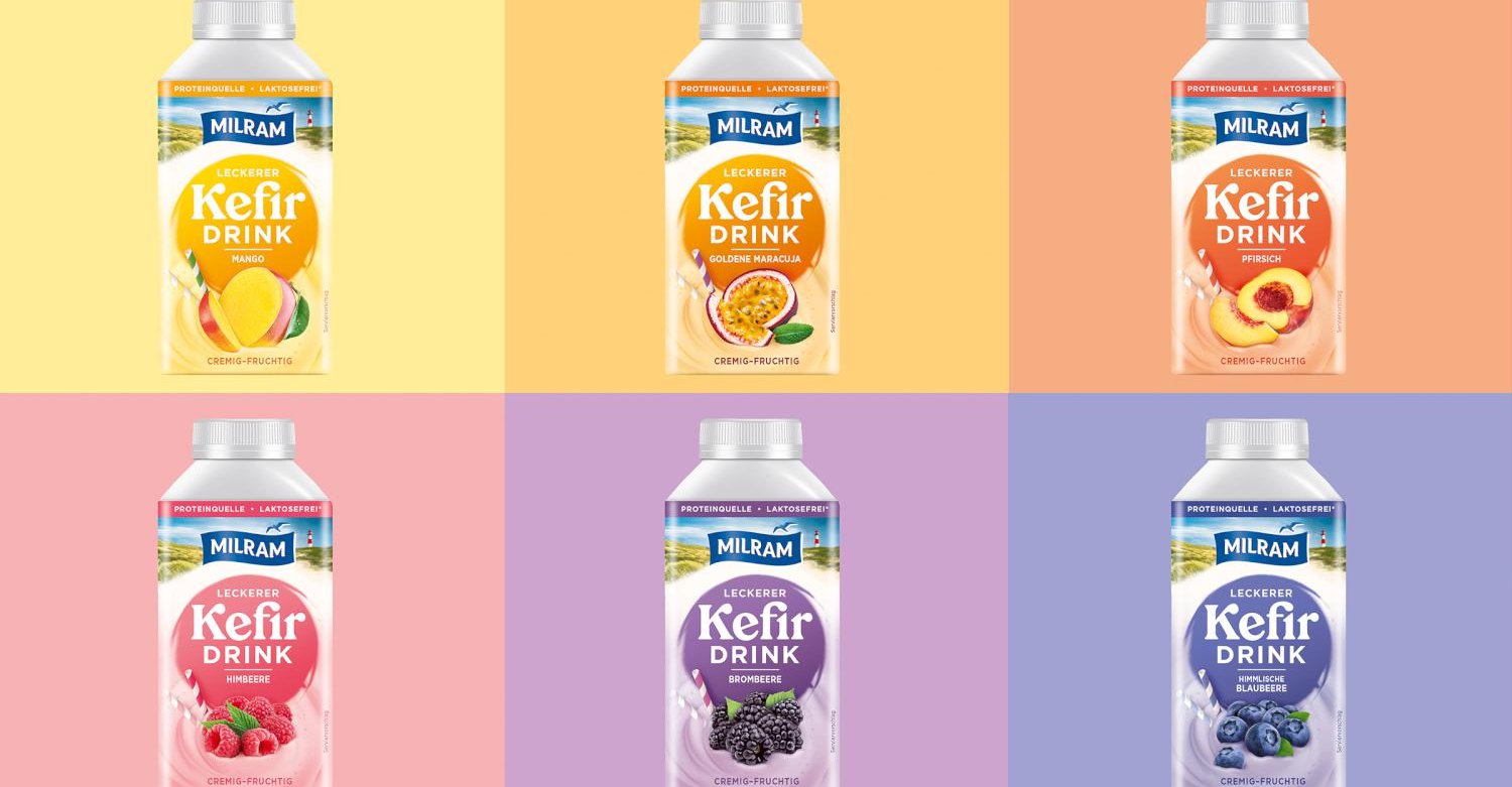 Milram Kefir Drink Sorten Relaunch Grafikdesign Branding-Strategie Verpackungsdesign Logodesign Line Extension