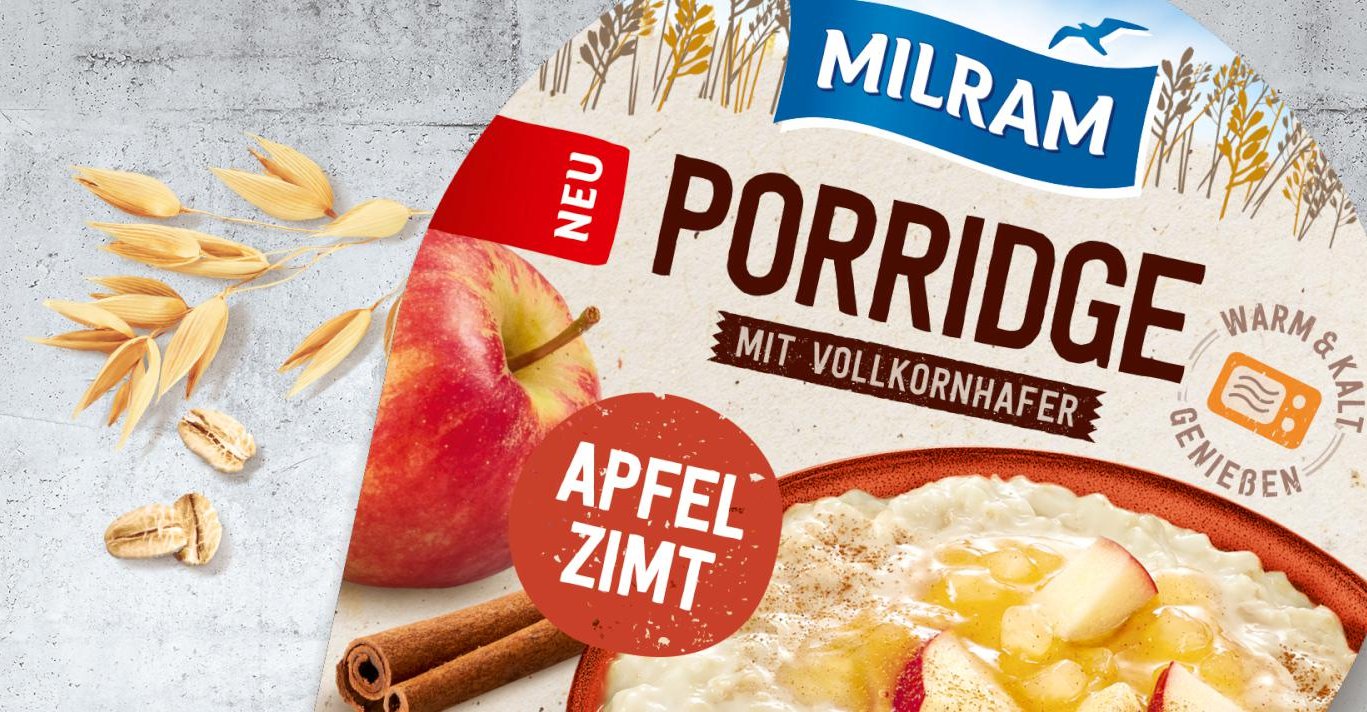 Milram DMK Porridge Snack Range Launch Branding-Strategie Grafikdesign Verpackungsdesign Line-Extension